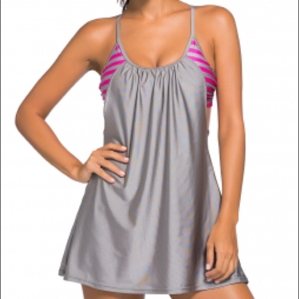 Grey Flowing Swim Dress Layered 1pc Tankini Top